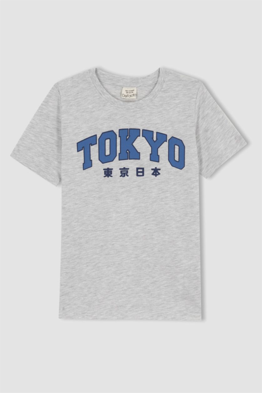 Erkek Çocuk - Genç Erkek Optik Gri Melanj Erkek Çocuk Bisiklet Yaka Baskılı Kısa Kollu Tişört