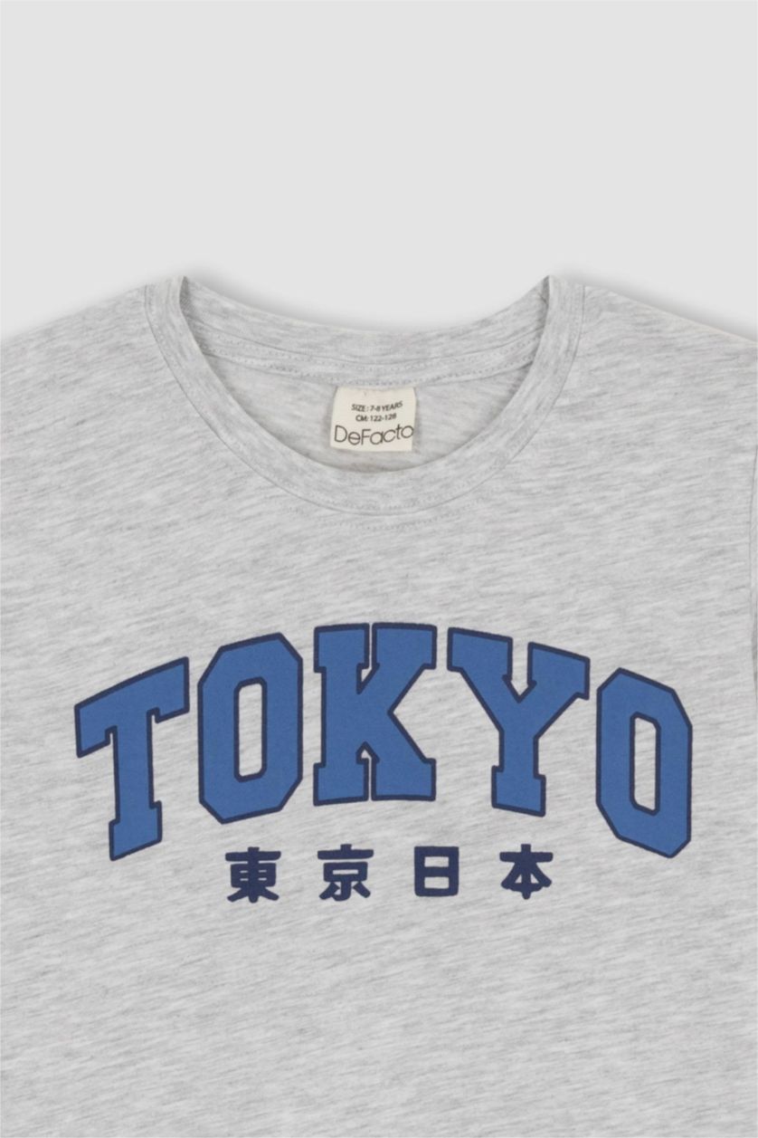 Erkek Çocuk - Genç Erkek Optik Gri Melanj Erkek Çocuk Bisiklet Yaka Baskılı Kısa Kollu Tişört