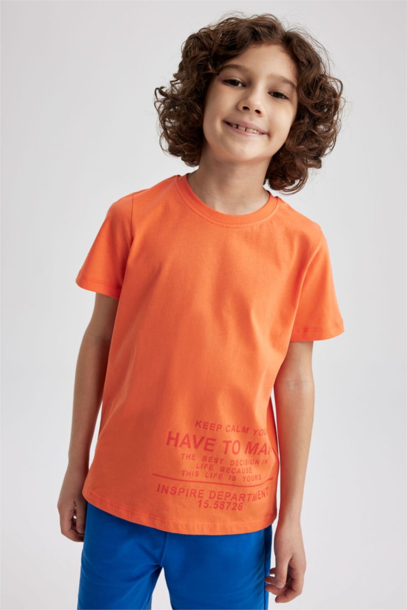 BOYS & TEENS Orange Boy Regular Fit Crew Neck Printed Short Sleeve T-Shirt