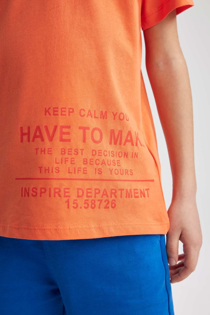 BOYS & TEENS Orange Boy Regular Fit Crew Neck Printed Short Sleeve T-Shirt