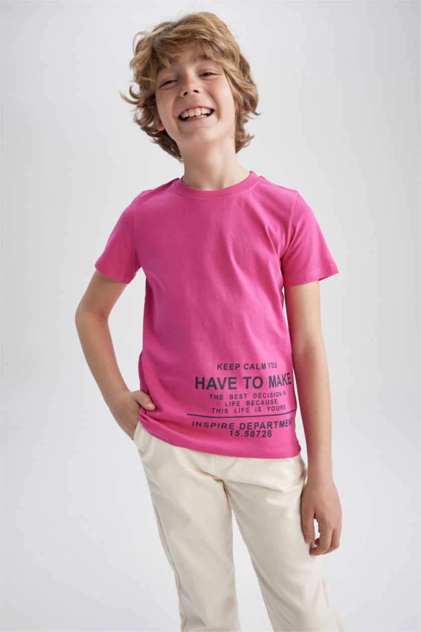 BOYS & TEENS Dark Pink Boy Regular Fit Crew Neck Printed Short Sleeve T-Shirt
