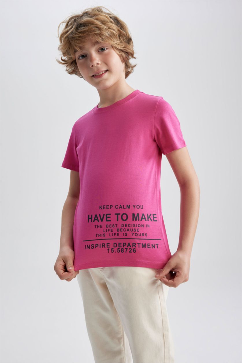 BOYS & TEENS Dark Pink Boy Regular Fit Crew Neck Printed Short Sleeve T-Shirt