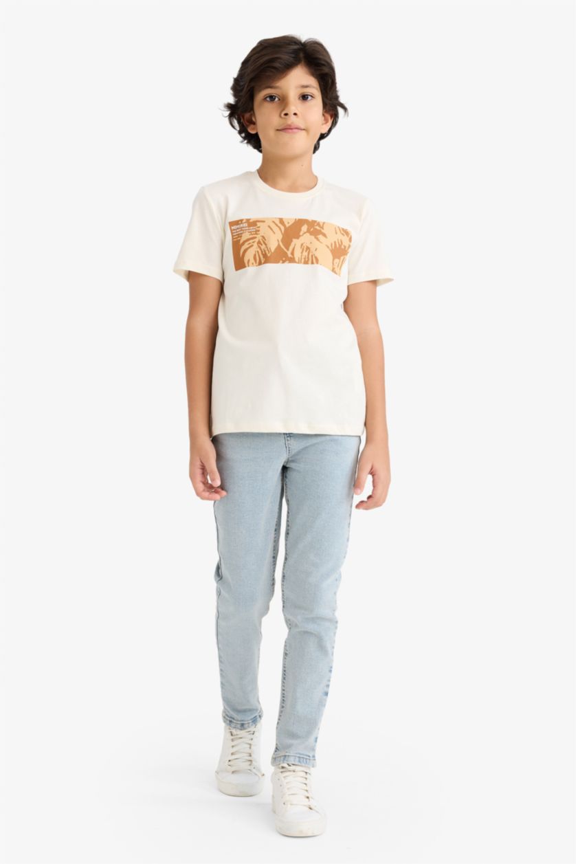 Boys & Teens Ecru Regular Fit Floral Short Sleeve T-Shirt