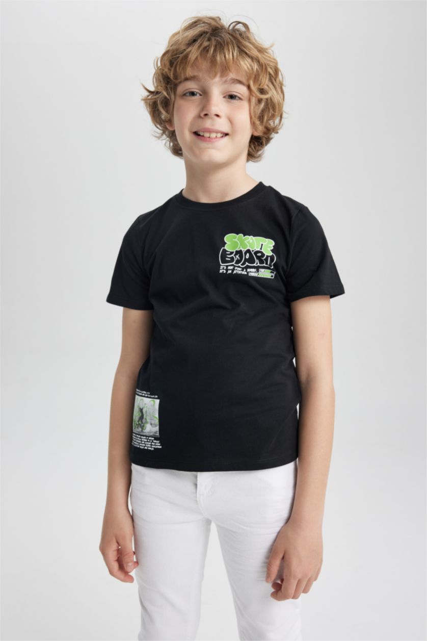 BOYS & TEENS Black Boy Regular Fit Crew Neck Printed Short Sleeve T-Shirt