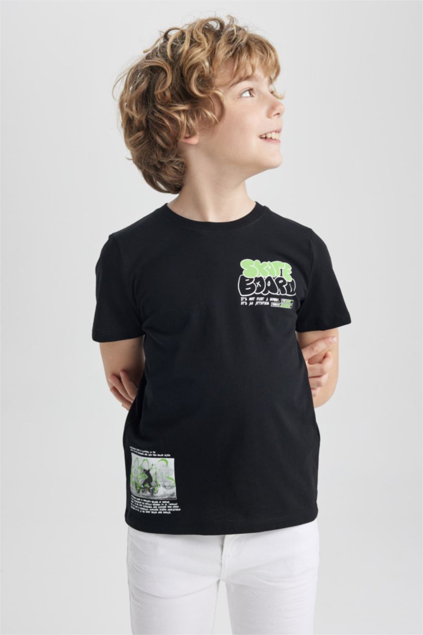 BOYS & TEENS Black Boy Regular Fit Crew Neck Printed Short Sleeve T-Shirt