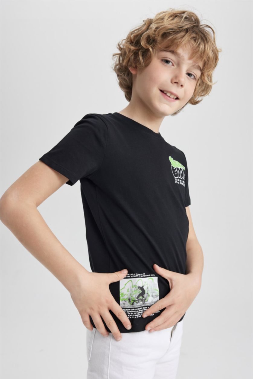 BOYS & TEENS Black Boy Regular Fit Crew Neck Printed Short Sleeve T-Shirt