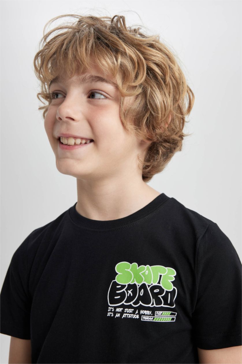 BOYS & TEENS Black Boy Regular Fit Crew Neck Printed Short Sleeve T-Shirt