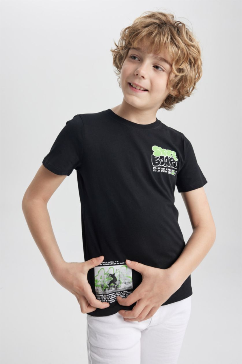 BOYS & TEENS Black Boy Regular Fit Crew Neck Printed Short Sleeve T-Shirt