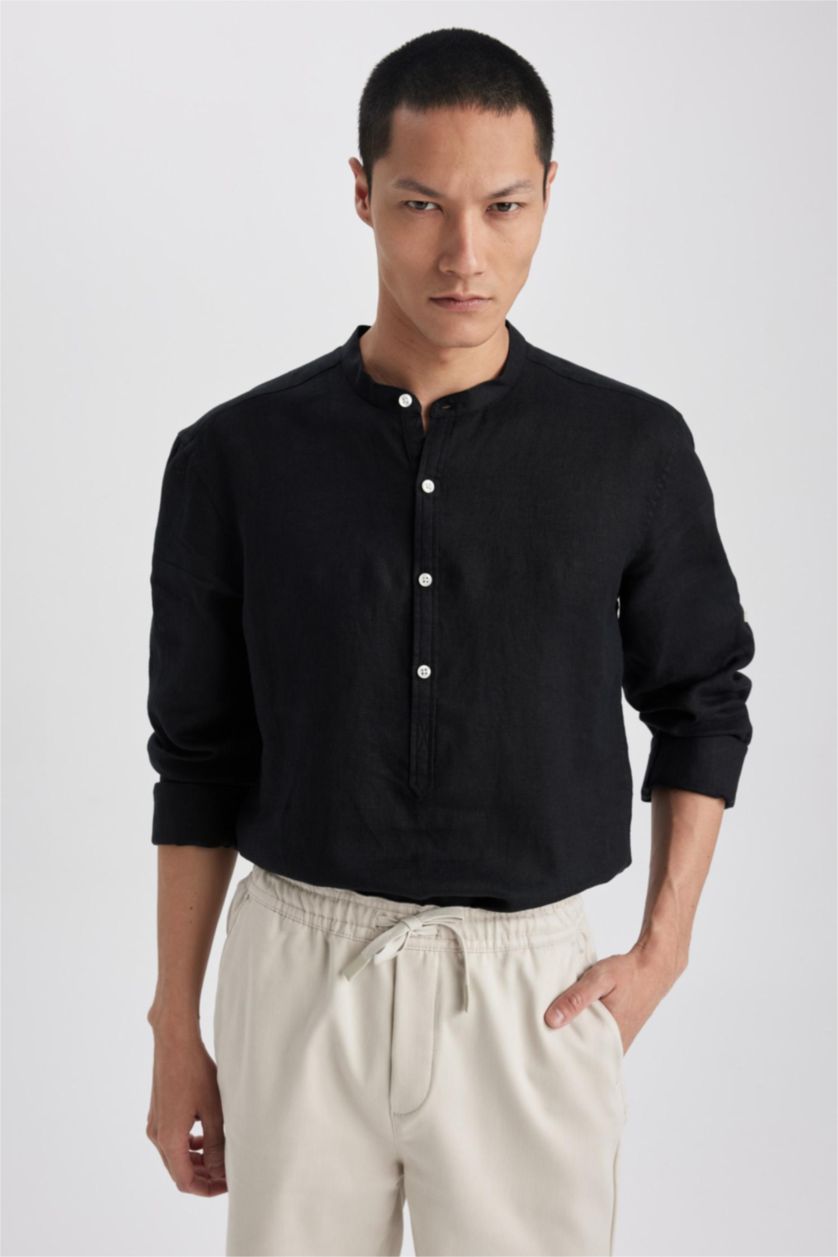 HOMME Noir Chemise Coton Coupe Moderne À Manches Longues