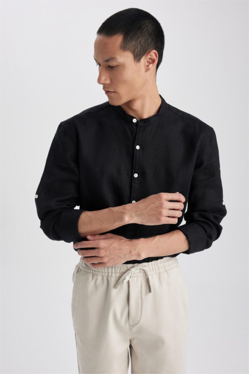 HOMME Noir Chemise Coton Coupe Moderne À Manches Longues
