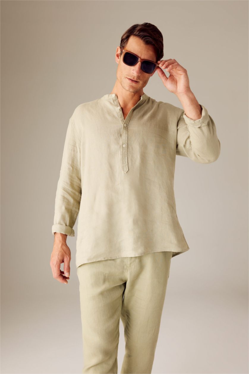 HOMME Kaki Clair Chemise en Coton à Manches Longues et Coupe Moderne