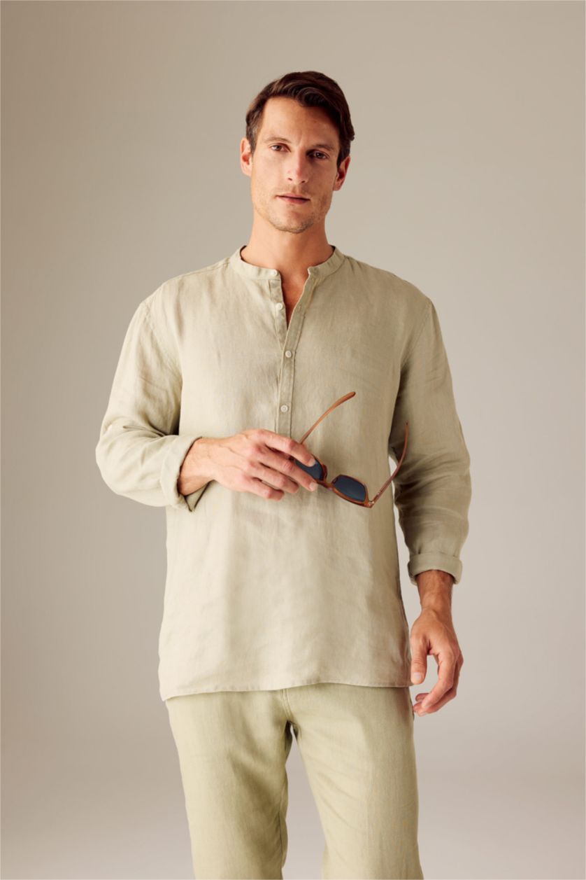 HOMME Kaki Clair Chemise en Coton à Manches Longues et Coupe Moderne