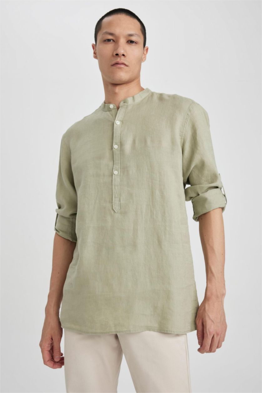 HOMME Kaki Clair Chemise en Coton à Manches Longues et Coupe Moderne