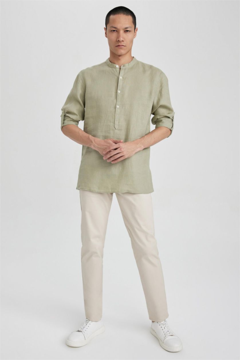 HOMME Kaki Clair Chemise en Coton à Manches Longues et Coupe Moderne