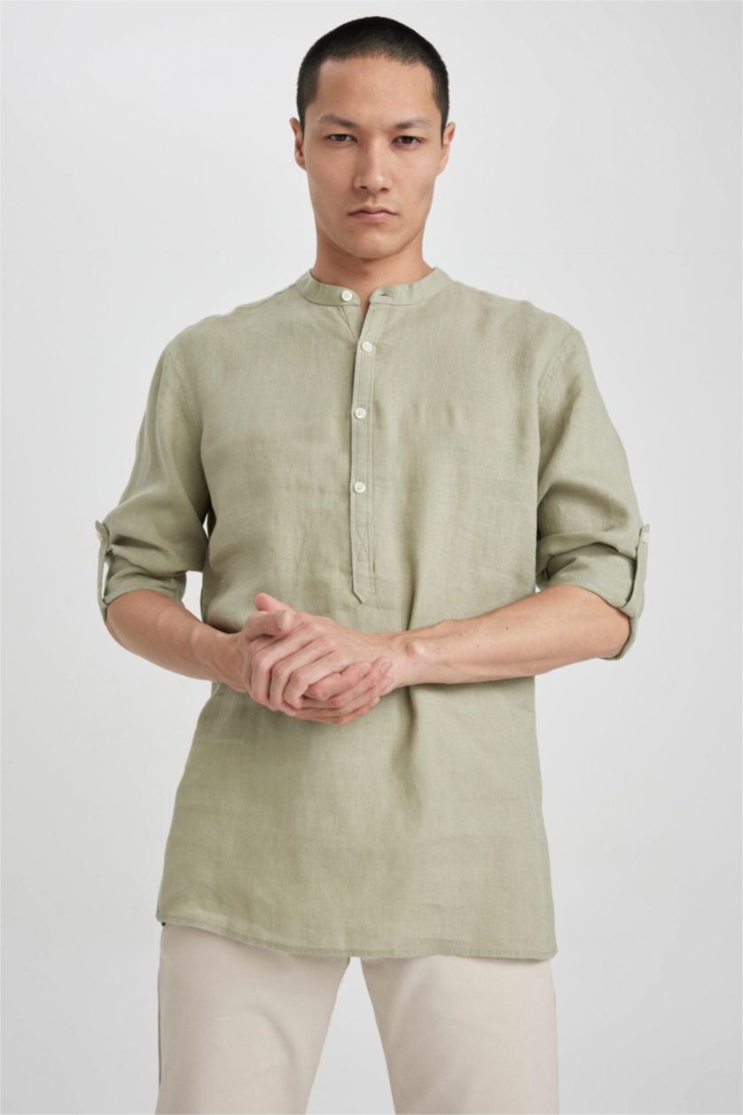 HOMME Kaki Clair Chemise en Coton à Manches Longues et Coupe Moderne