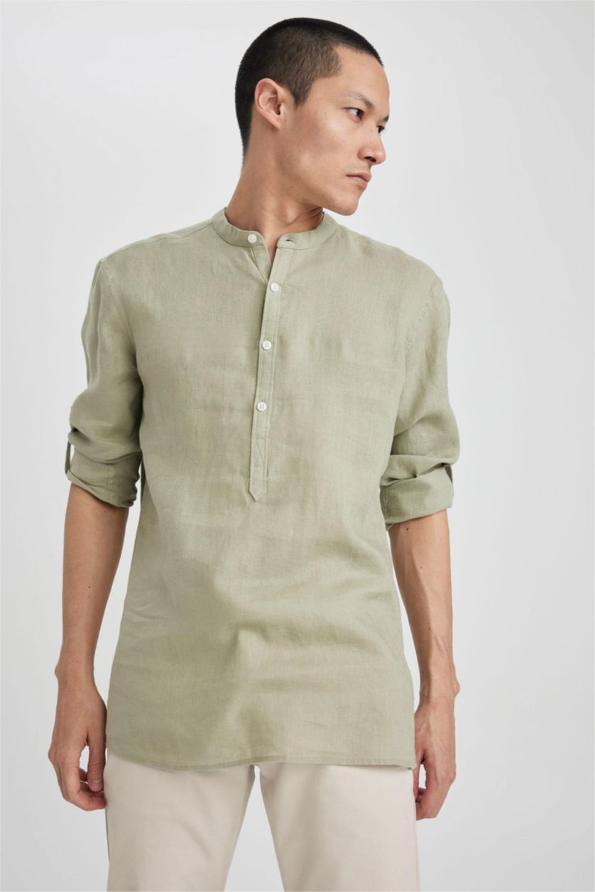 HOMME Kaki Clair Chemise en Coton à Manches Longues et Coupe Moderne