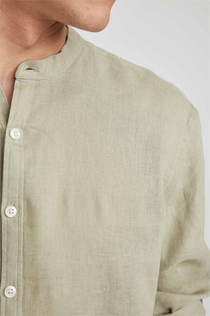 HOMME Kaki Clair Chemise en Coton à Manches Longues et Coupe Moderne