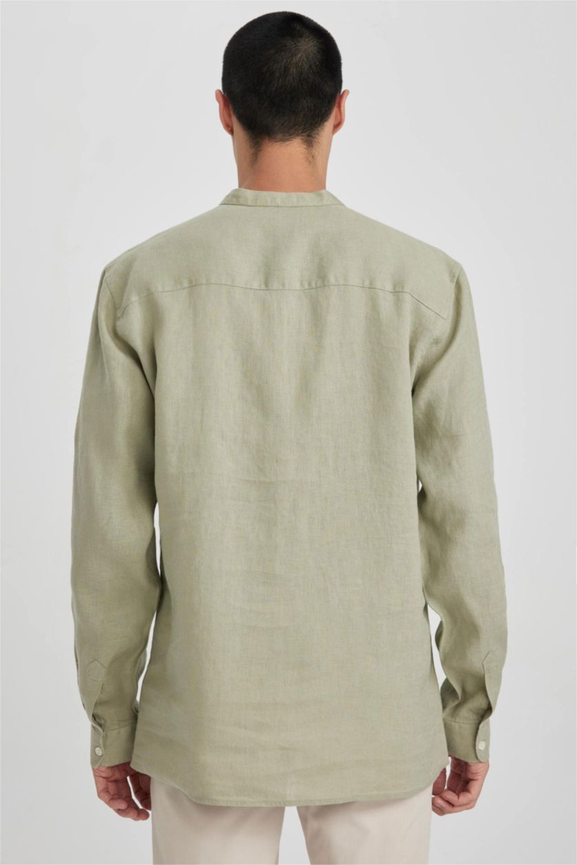 HOMME Kaki Clair Chemise en Coton à Manches Longues et Coupe Moderne
