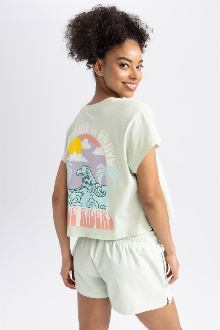 نساء نعناع تيشيرت قطن مطبوع واسع برقبة مستديرة