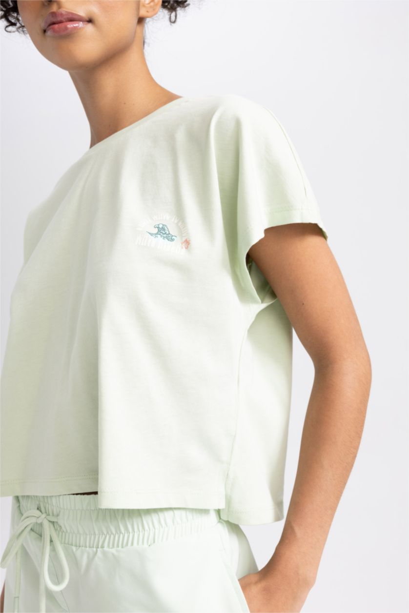 نساء نعناع تيشيرت قطن مطبوع واسع برقبة مستديرة