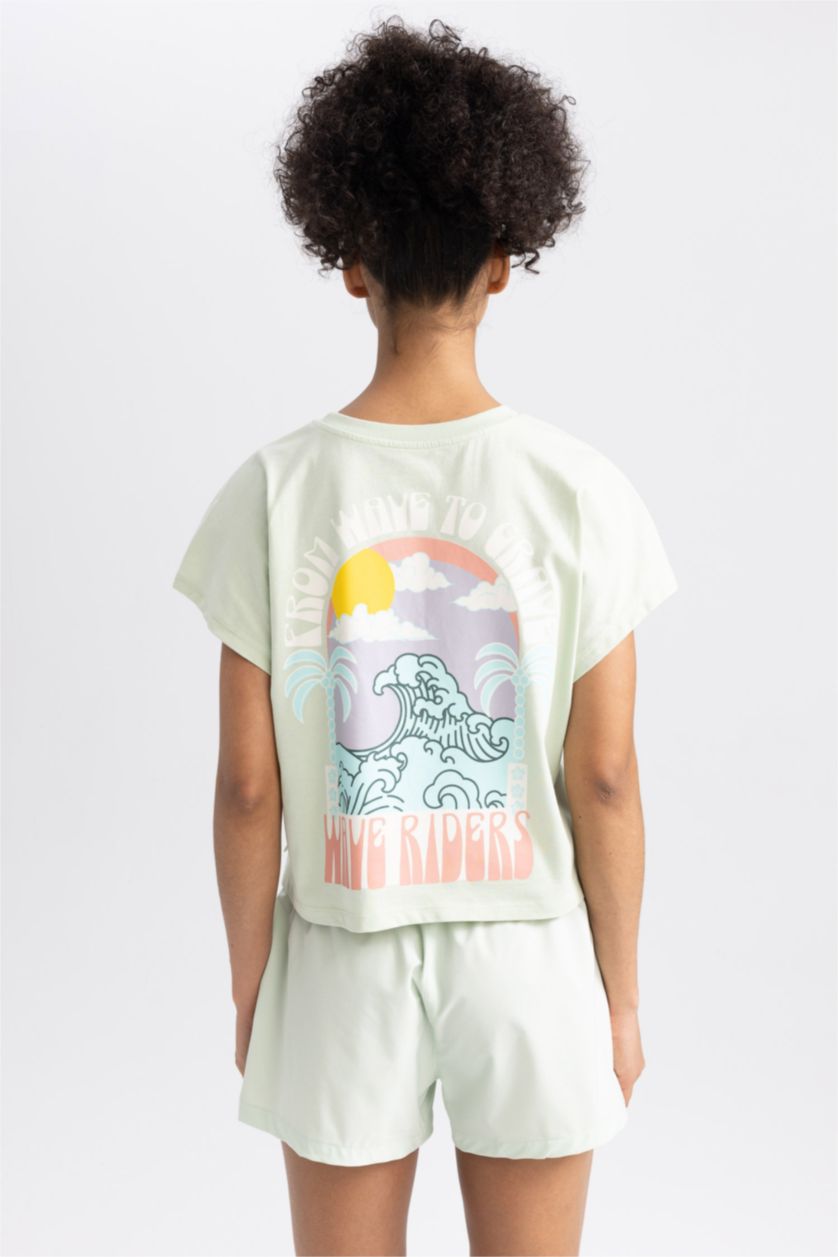 نساء نعناع تيشيرت قطن مطبوع واسع برقبة مستديرة