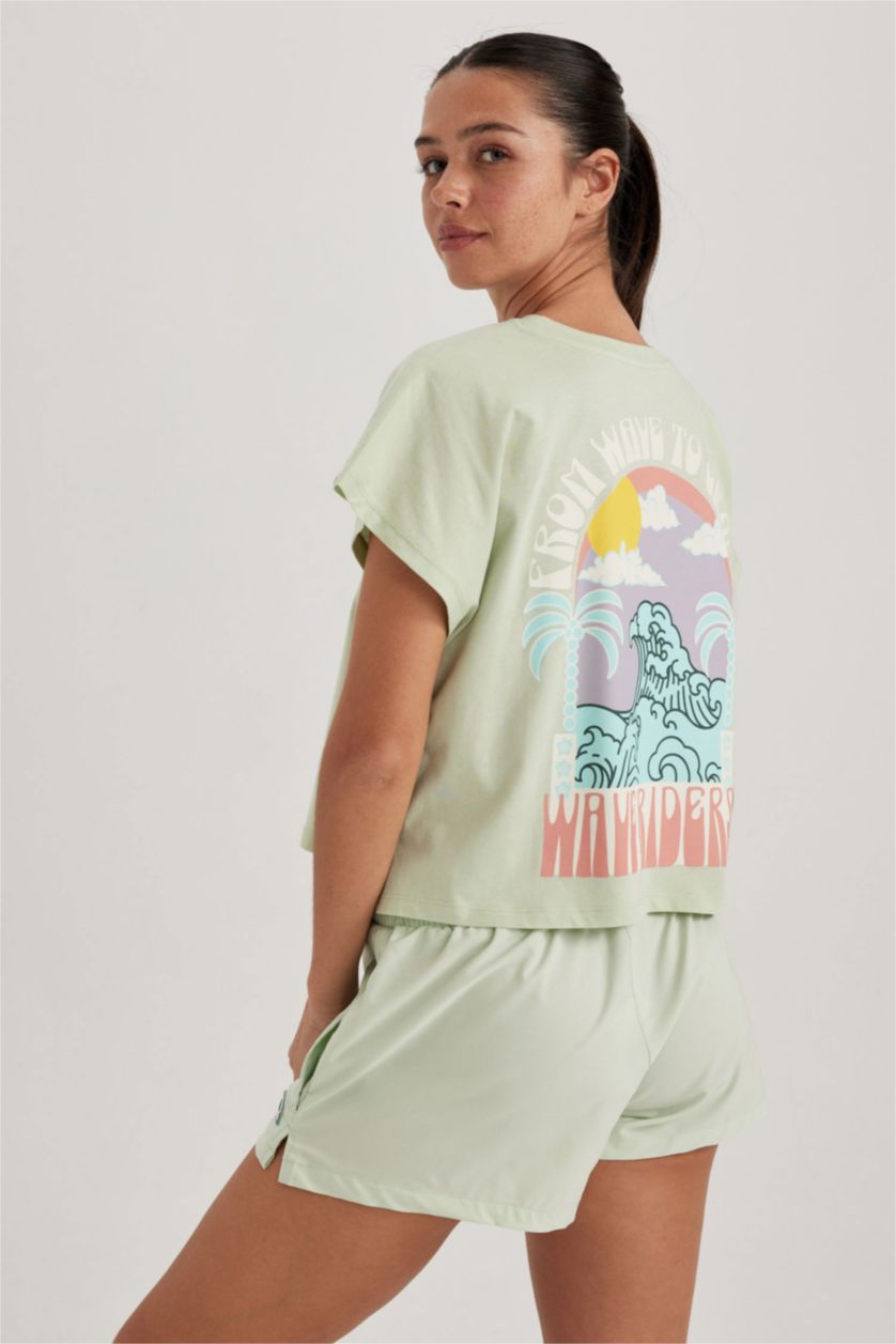 نساء نعناع تيشيرت قطن مطبوع واسع برقبة مستديرة