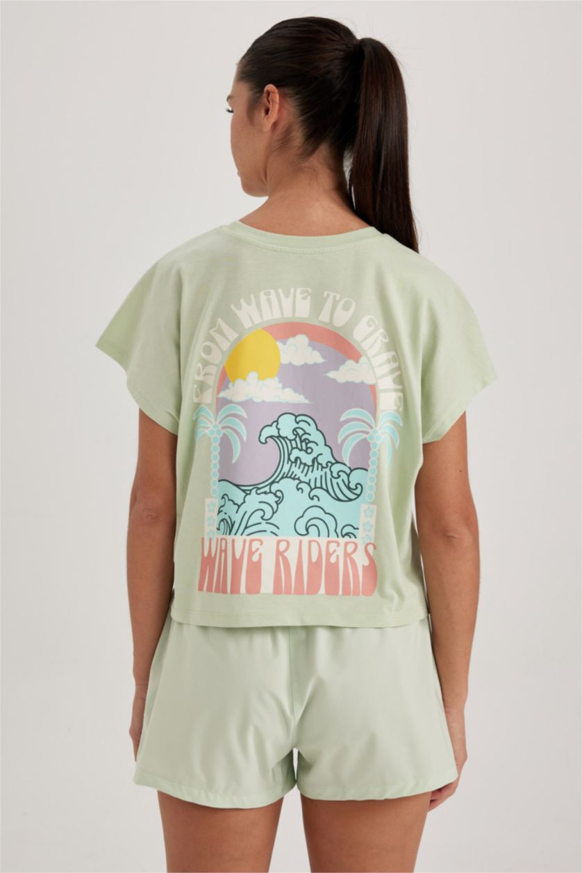 نساء نعناع تيشيرت قطن مطبوع واسع برقبة مستديرة