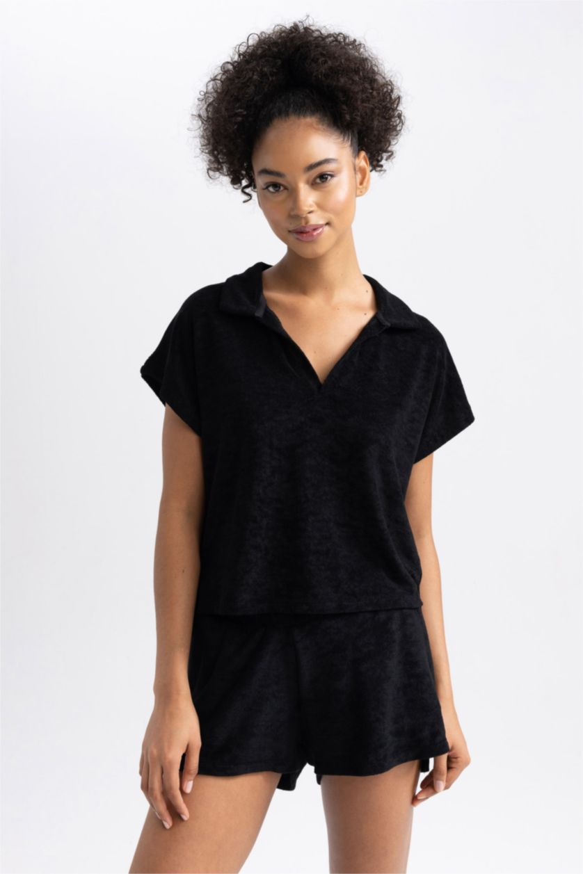 WOMAN Black Polo Collar Sportsman Short Sleeve T-Shirt