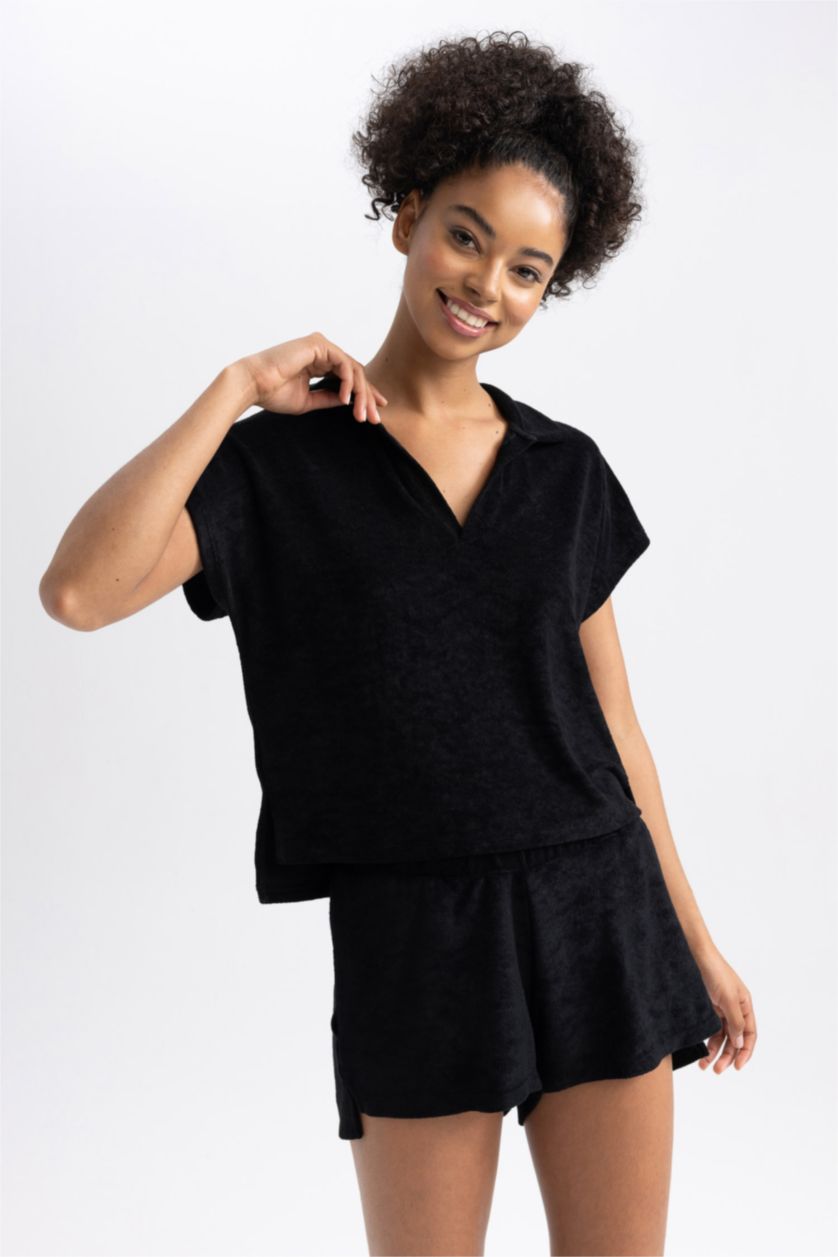 WOMAN Black Polo Collar Sportsman Short Sleeve T-Shirt