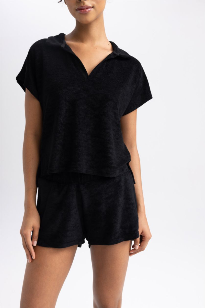 WOMAN Black Polo Collar Sportsman Short Sleeve T-Shirt