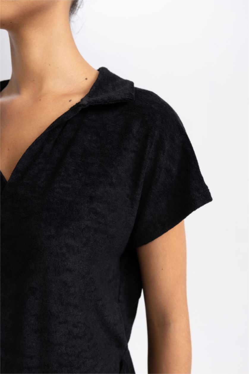 WOMAN Black Polo Collar Sportsman Short Sleeve T-Shirt