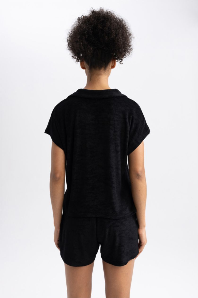 WOMAN Black Polo Collar Sportsman Short Sleeve T-Shirt