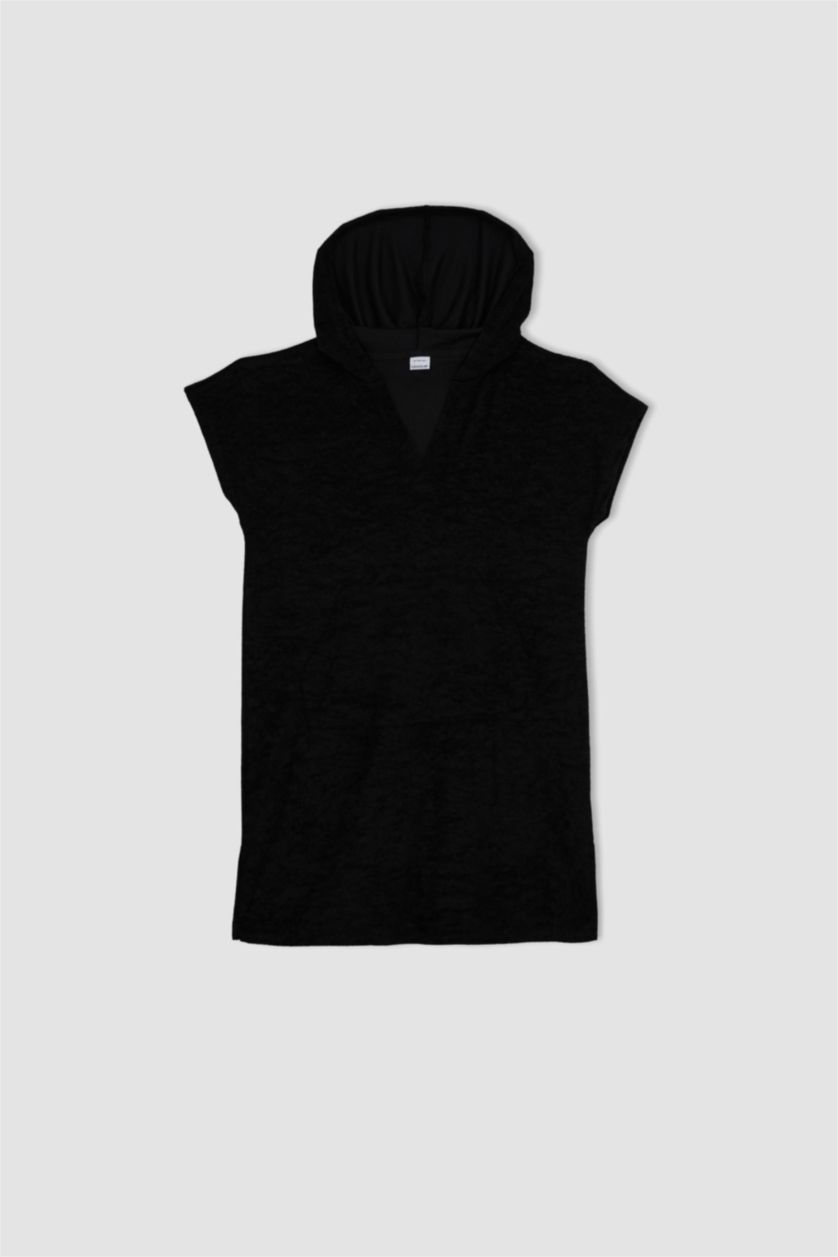 نساء أسود فستان من قماش المنشفة قصة عادية بدون كم بغطاء للرأس