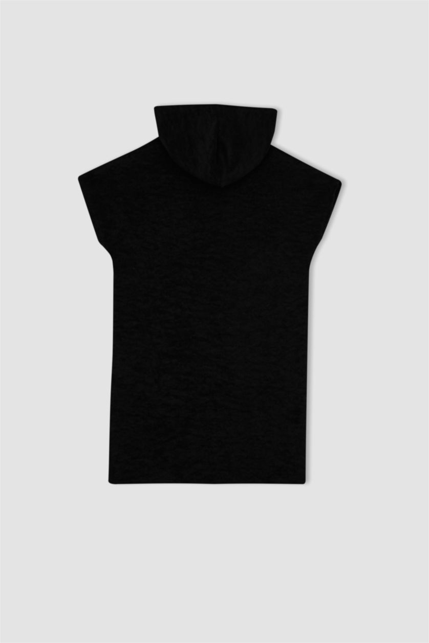 نساء أسود فستان من قماش المنشفة قصة عادية بدون كم بغطاء للرأس