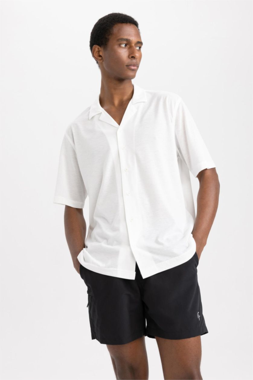 Erkek Ekru DeFactoFit Oversize Fit Apaş Yaka Sporcu Tişört