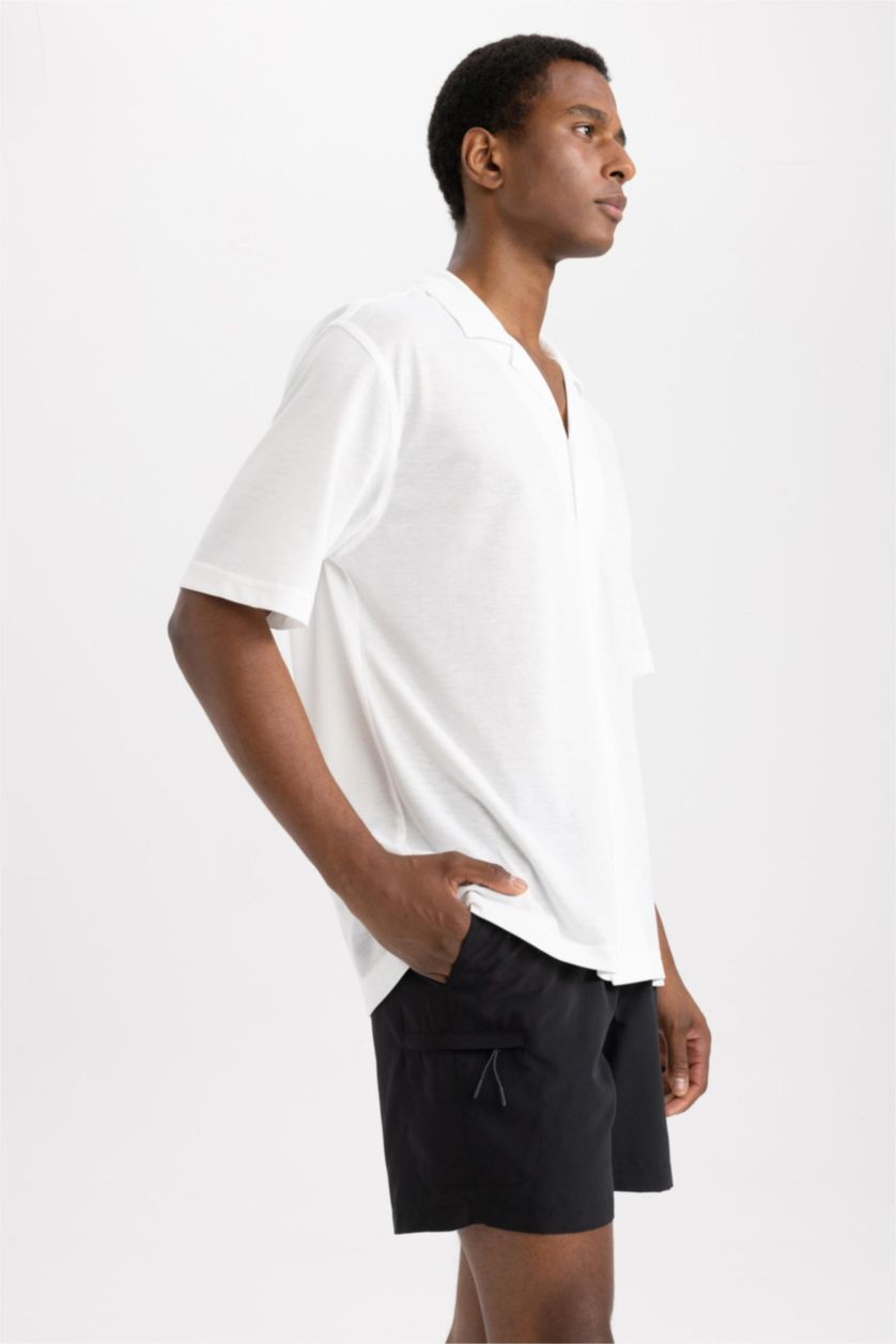 Erkek Ekru DeFactoFit Oversize Fit Apaş Yaka Sporcu Tişört