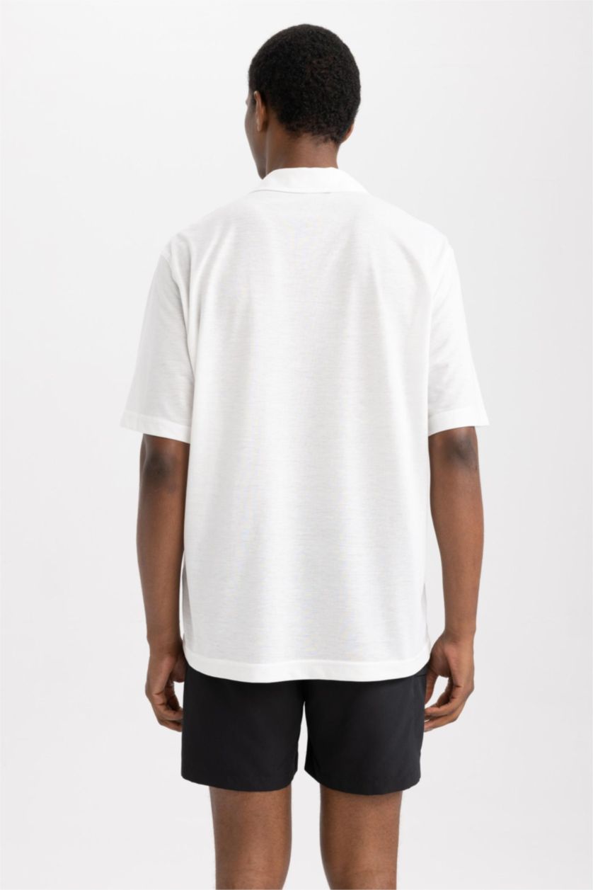 Erkek Ekru DeFactoFit Oversize Fit Apaş Yaka Sporcu Tişört