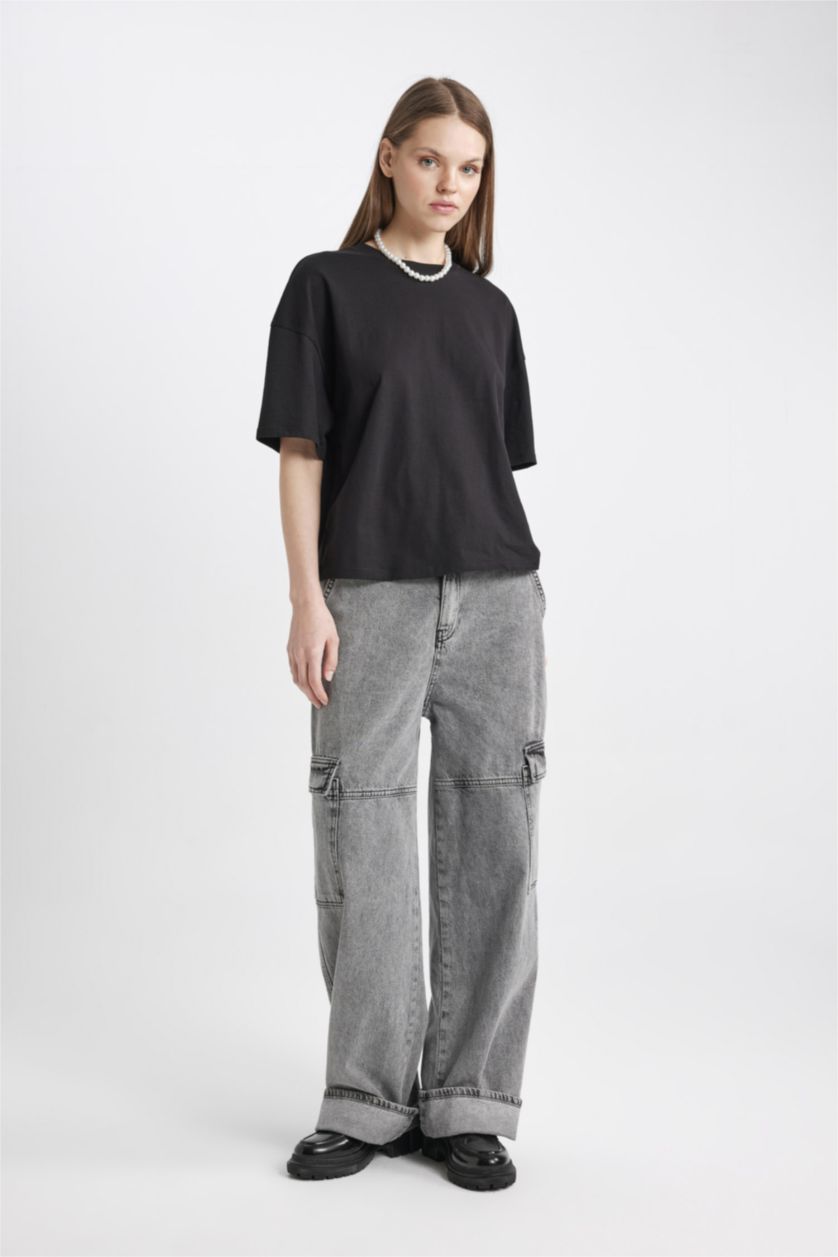 Kadın Siyah Coool Loose Fit Basic Düz Kısa Kollu Tişört