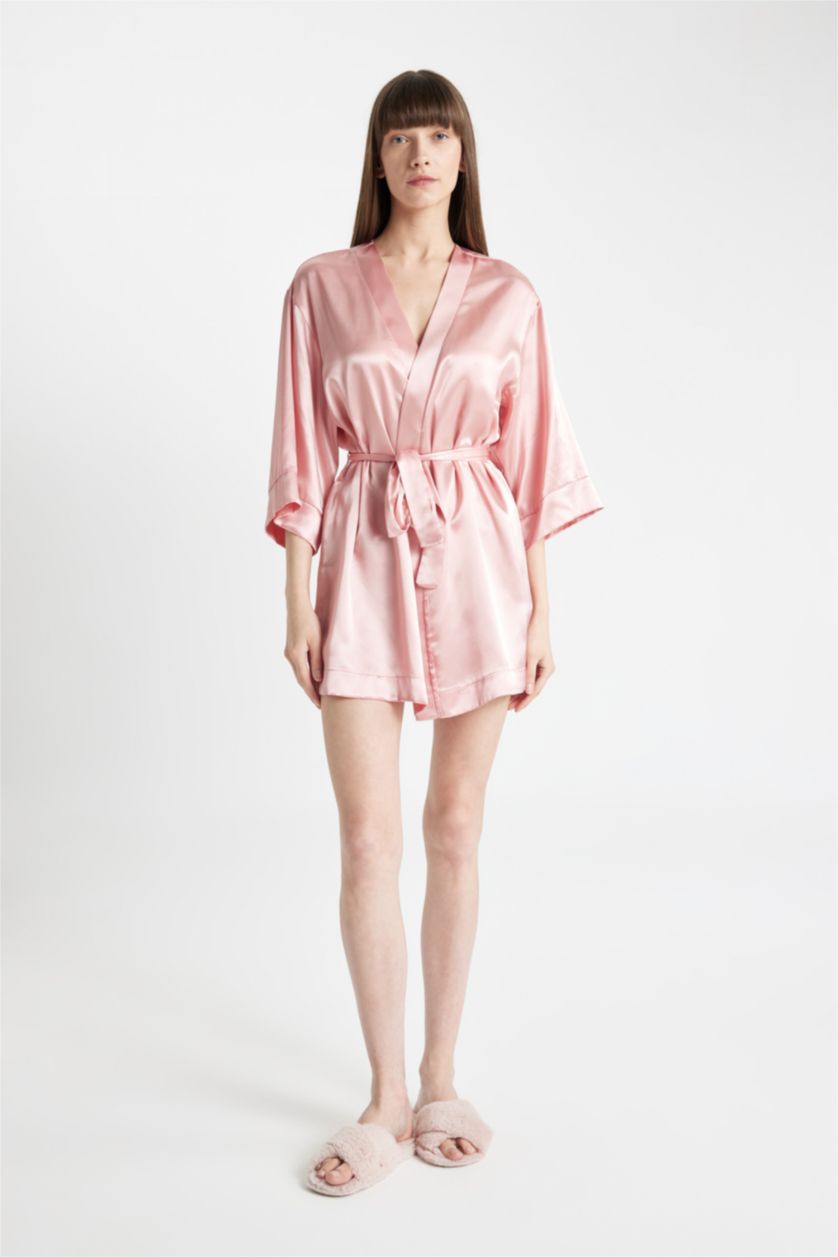Kadın Gülkurusu Relax Fit Wrap Yaka Saten Yarım Kol Sabahlık-Fall in Love