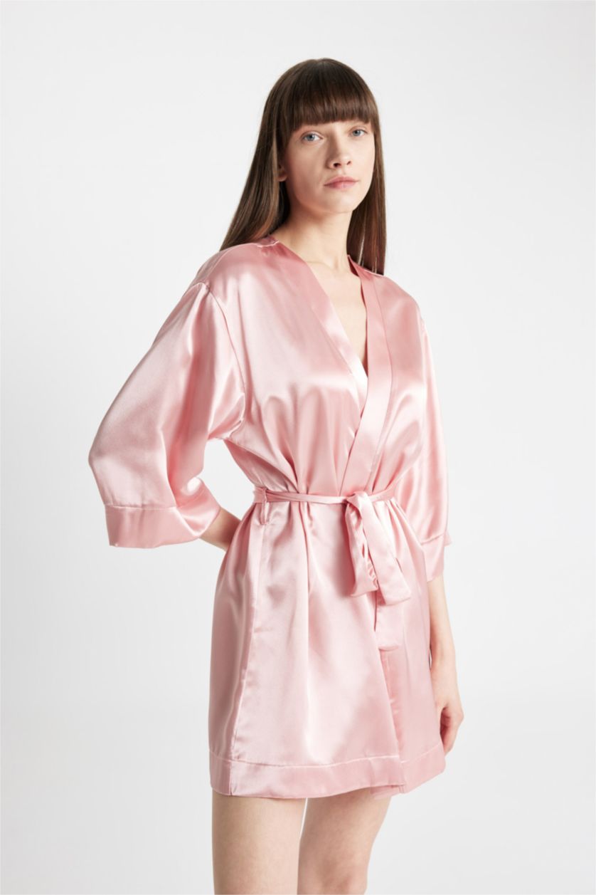 Kadın Gülkurusu Relax Fit Wrap Yaka Saten Yarım Kol Sabahlık-Fall in Love