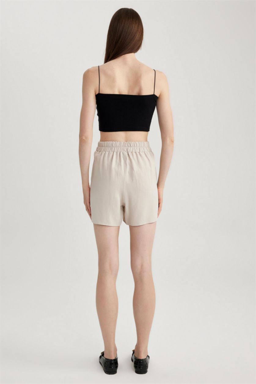 Woman Beige Elastic Waist Wide Leg Linen Blend Shorts