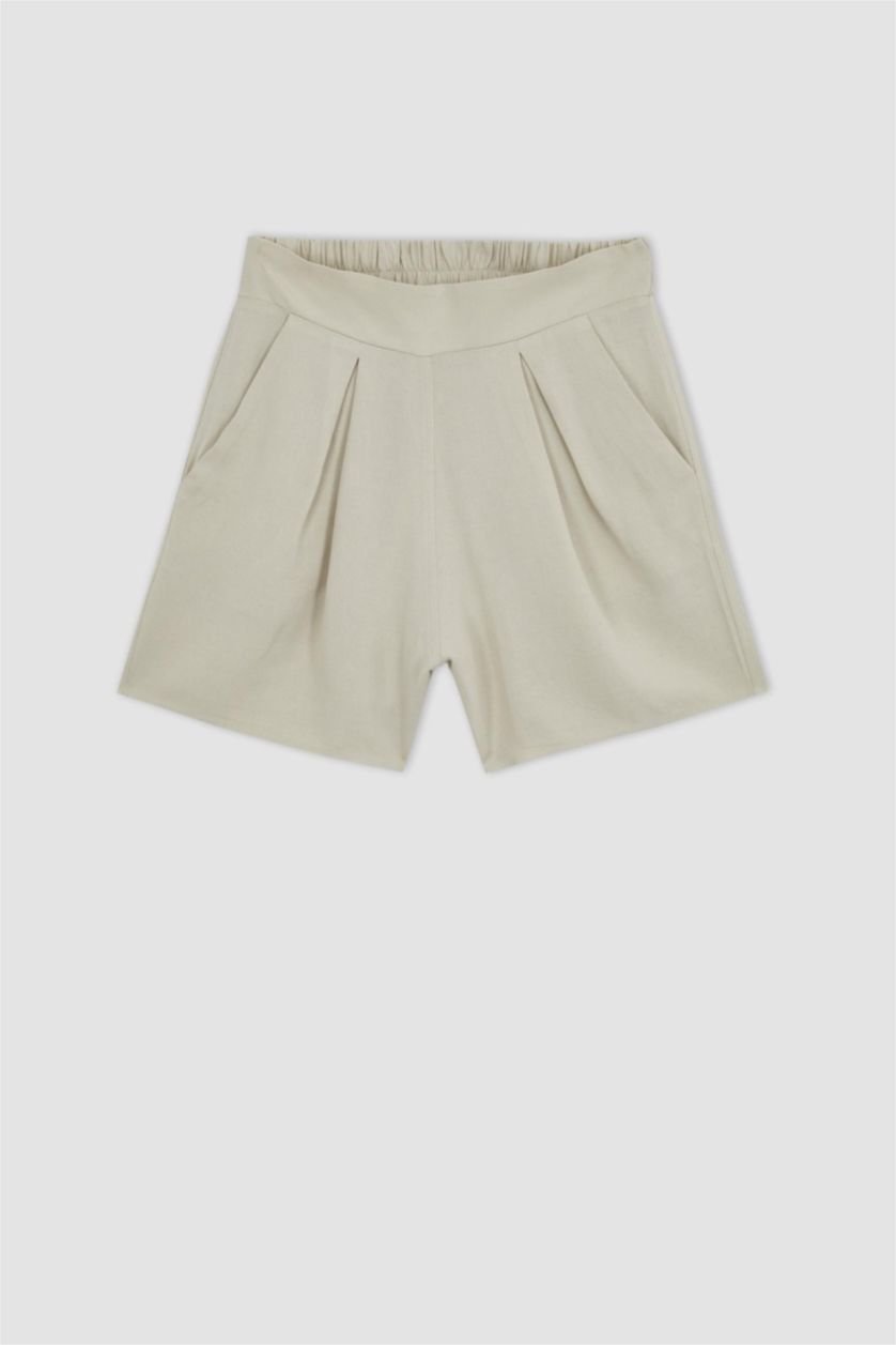 Woman Beige Elastic Waist Wide Leg Linen Blend Shorts