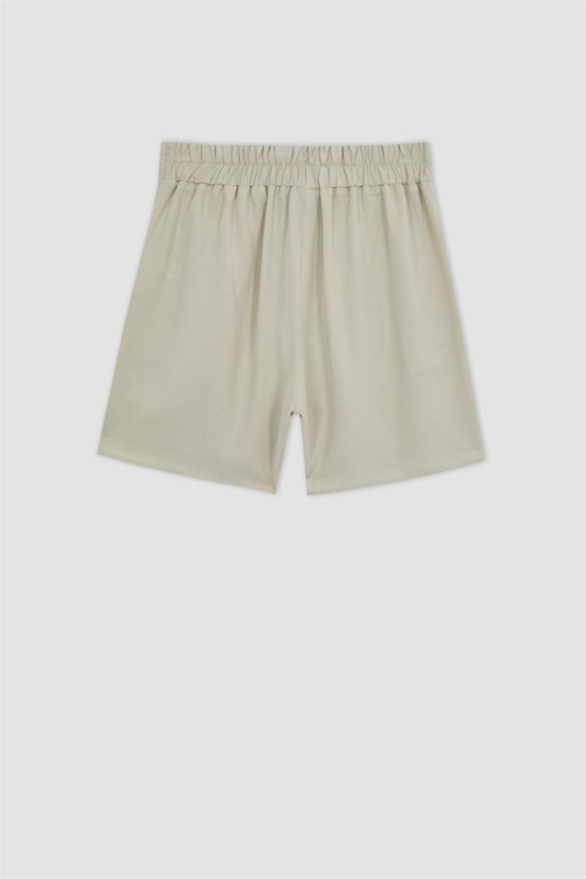 Woman Beige Elastic Waist Wide Leg Linen Blend Shorts