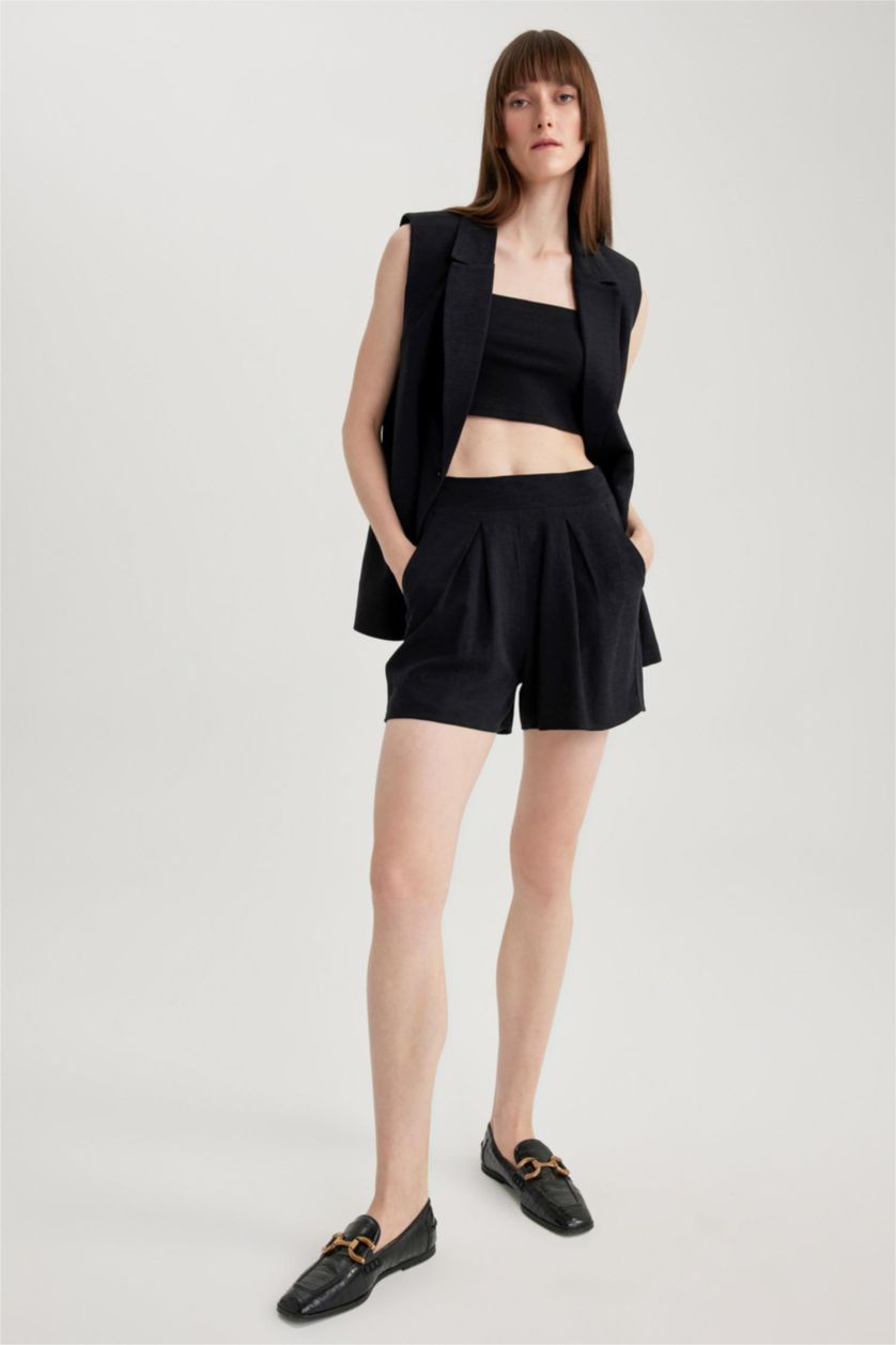 WOMAN Black Elastic Waist Wide Leg Linen Blend Shorts