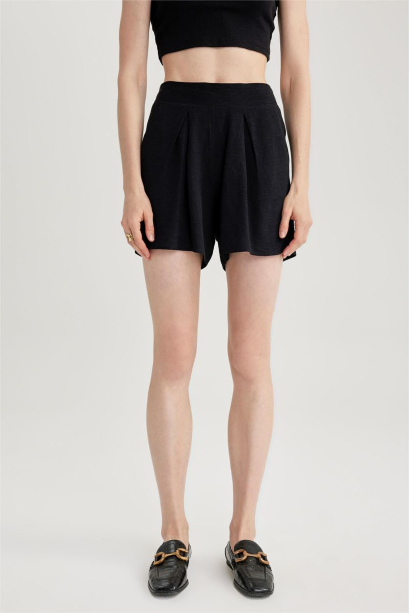 WOMAN Black Elastic Waist Wide Leg Linen Blend Shorts