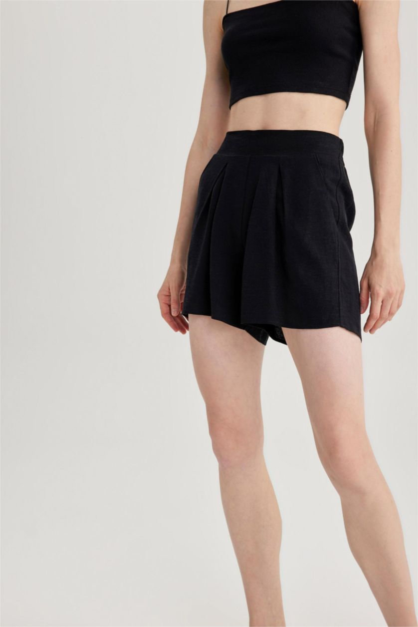 WOMAN Black Elastic Waist Wide Leg Linen Blend Shorts