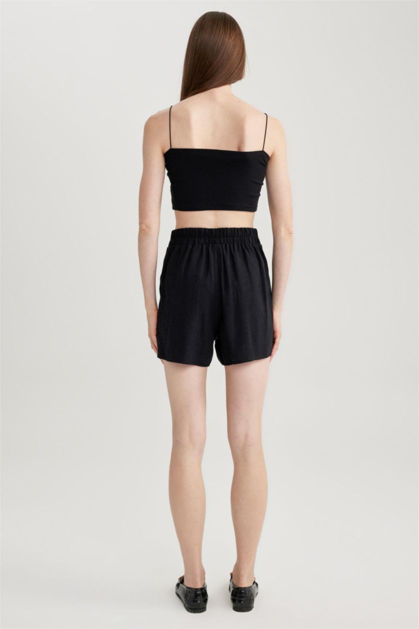 WOMAN Black Elastic Waist Wide Leg Linen Blend Shorts