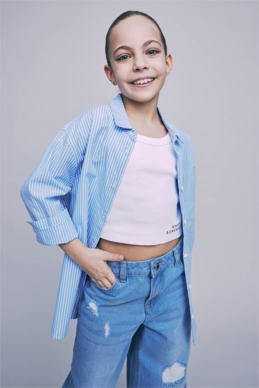 Kız Çocuk - Genç Kız Mavi Kız Çocuk Oversize Poplin Uzun Kollu Gömlek