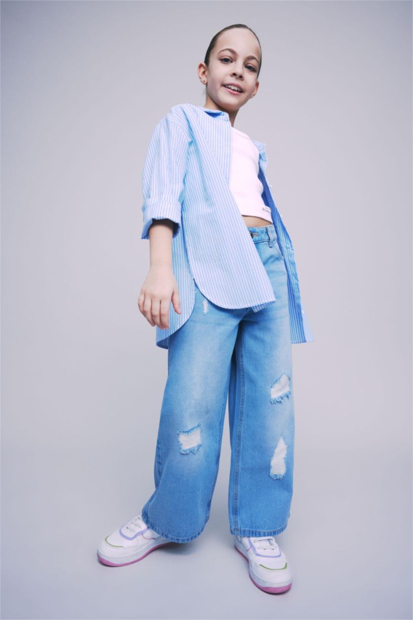 Kız Çocuk - Genç Kız Mavi Kız Çocuk Oversize Poplin Uzun Kollu Gömlek