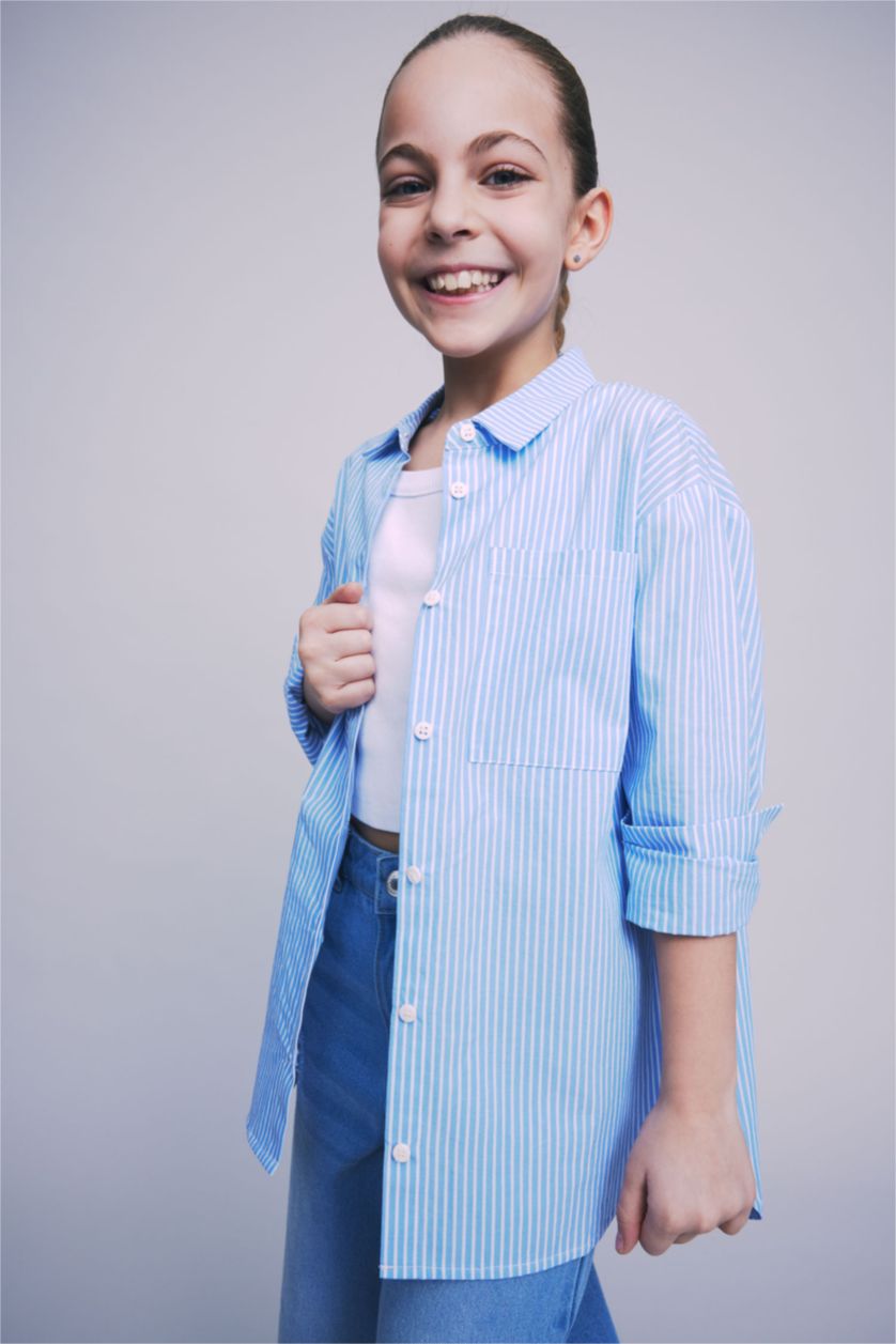 Kız Çocuk - Genç Kız Mavi Kız Çocuk Oversize Poplin Uzun Kollu Gömlek